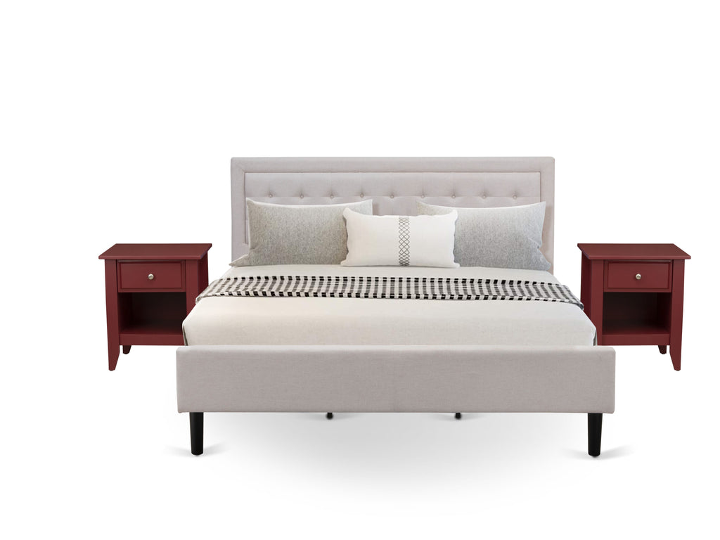 FN08K-9HYEM 3-Piece Bedroom Ensemble with King Bed & Duo Nightstands in Mist Beige Linen Elegance