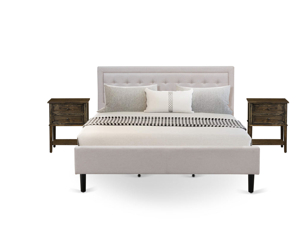 FN08K-XMT9G 3-Piece King Platform Bedroom Suite with Wingback Bed & End Tables - Beige Linen Elegance