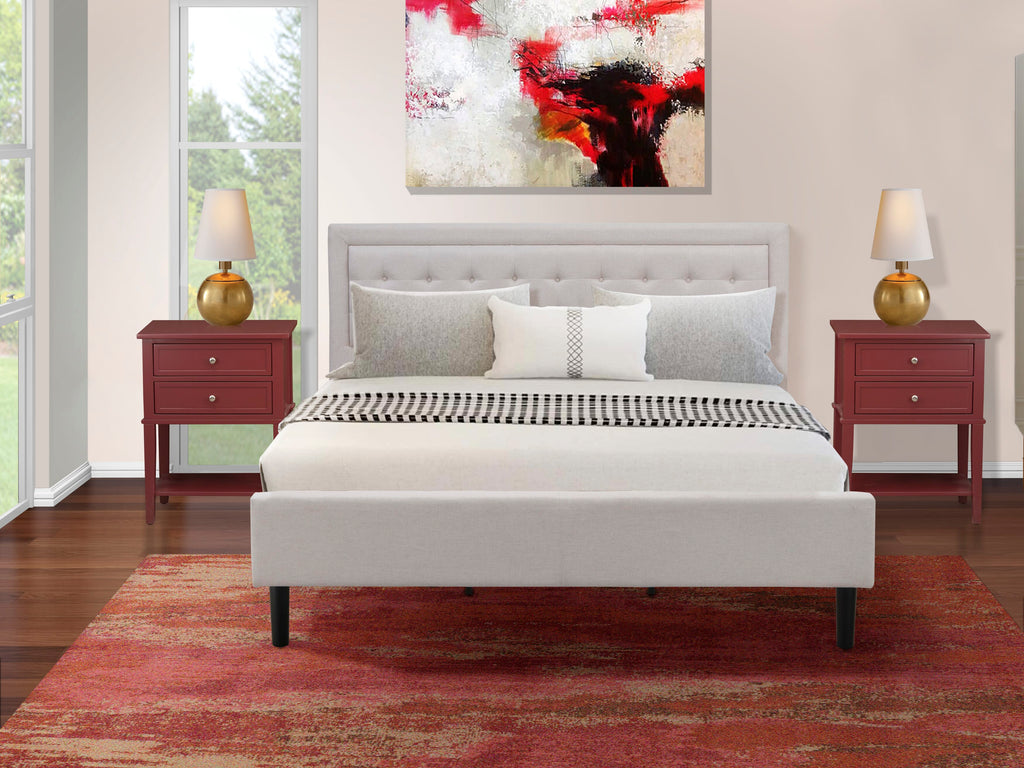 FN08K-ZCIXW 3-Piece King Furniture Set Featuring Sturdy Bed and End Tables in Mist Beige Linen Fabric