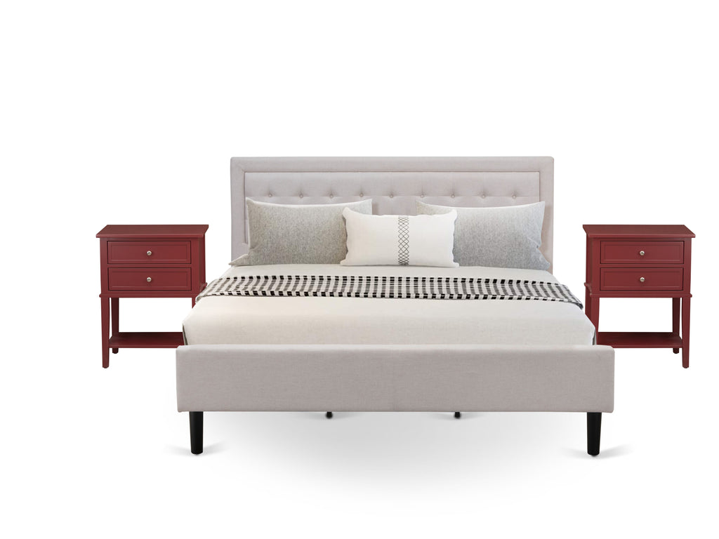 FN08K-ZCIXW 3-Piece King Furniture Set Featuring Sturdy Bed and End Tables in Mist Beige Linen Fabric