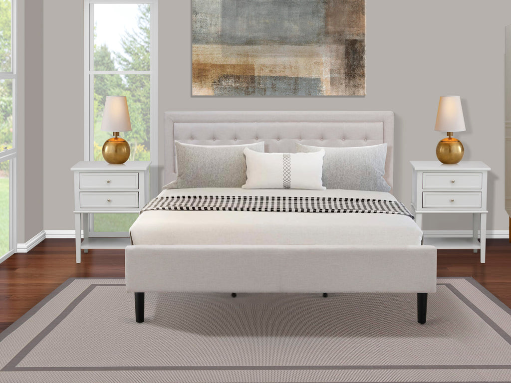 FN08K-KJ3AW King Size 3-Piece Bedroom Set Featuring Mid Century Bed and Twin Nightstands in Beige Linen