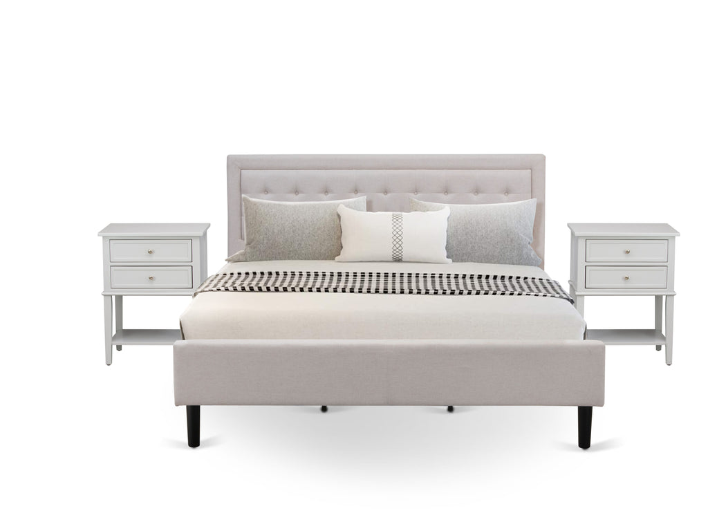 FN08K-KJ3AW King Size 3-Piece Bedroom Set Featuring Mid Century Bed and Twin Nightstands in Beige Linen