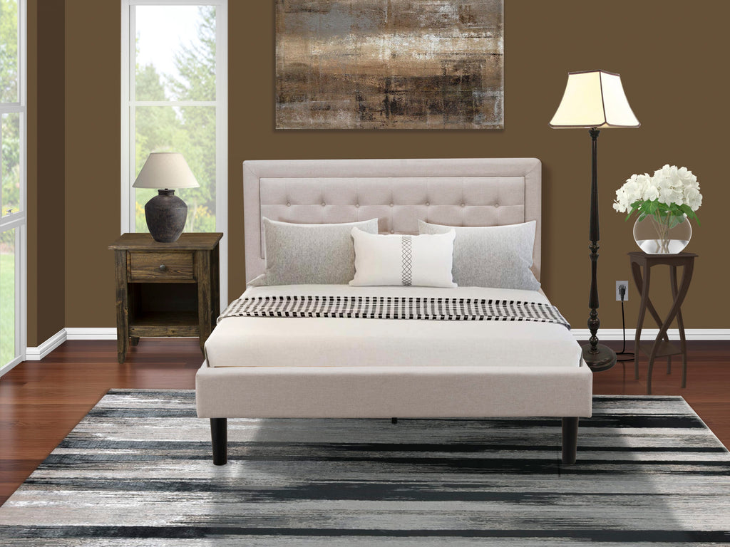 FN08Q-WRJQU Queen Size Bed Set with Platform Frame & Mid Century Nightstand in Mist Beige Linen