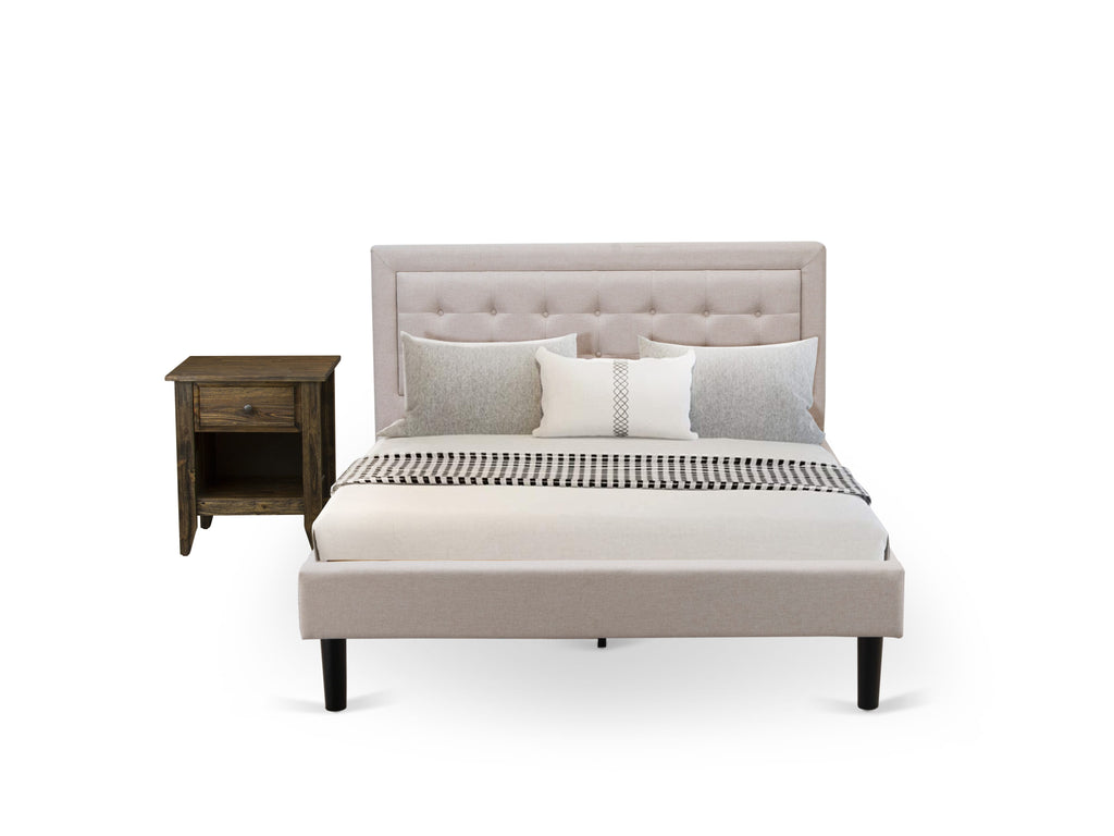 FN08Q-WRJQU Queen Size Bed Set with Platform Frame & Mid Century Nightstand in Mist Beige Linen