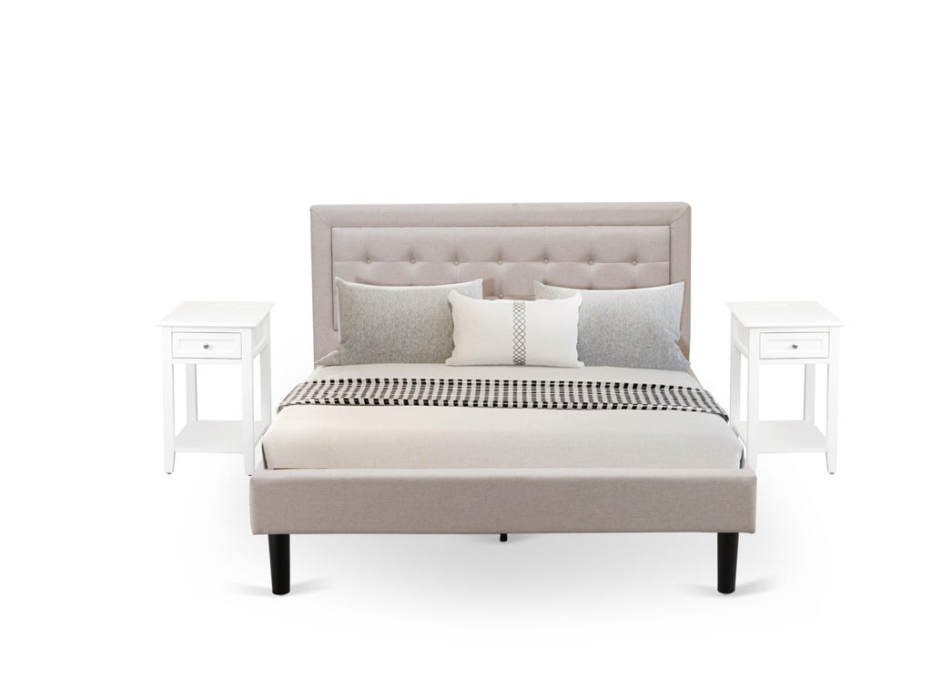 FN08Q-PUT0X Three-Piece Queen Size Bedroom Ensemble with Mist Beige Fabric Bed and Petite Nightstands