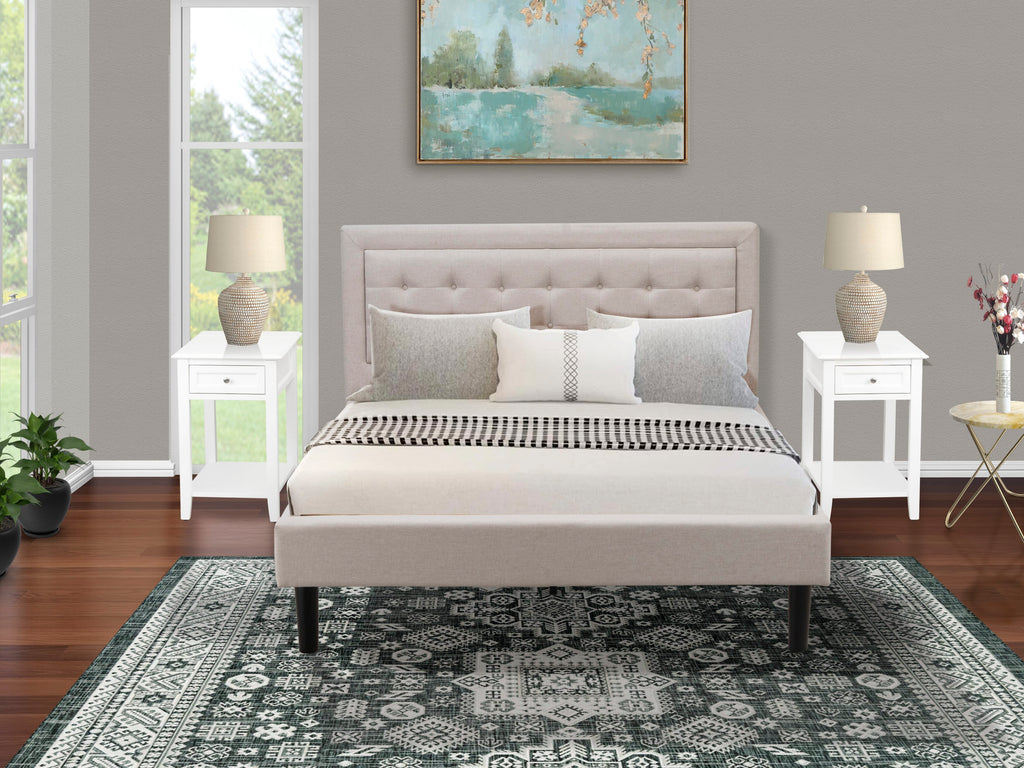 FN08Q-PUT0X Three-Piece Queen Size Bedroom Ensemble with Mist Beige Fabric Bed and Petite Nightstands