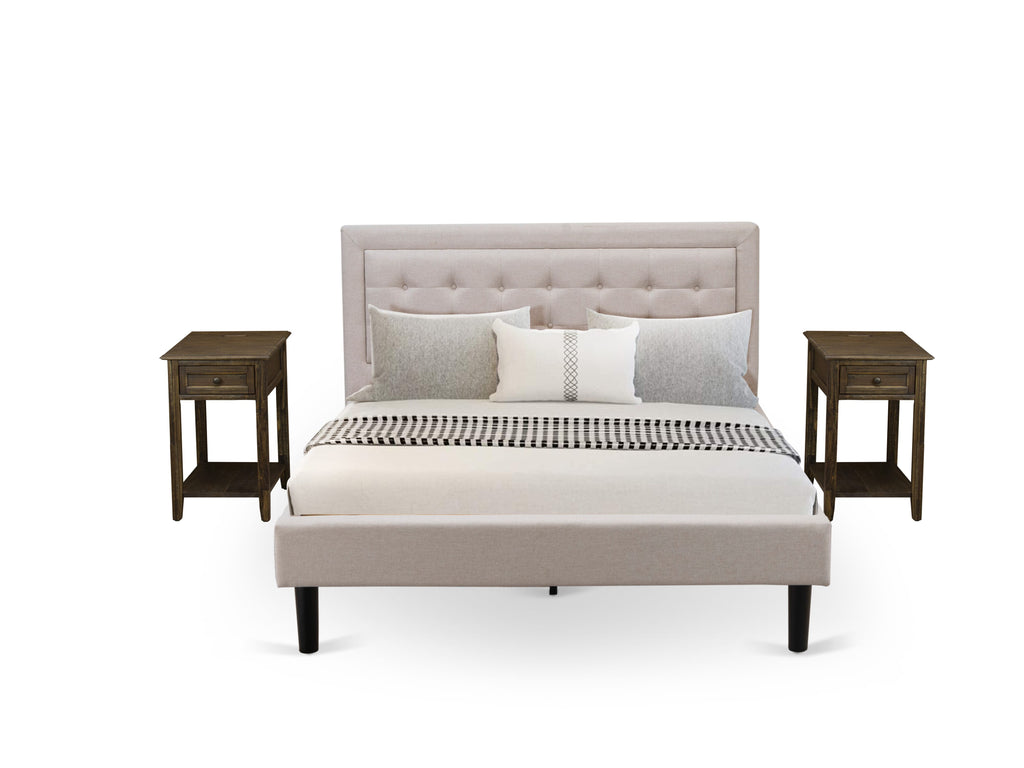 FN08Q-1RWMV 3-Piece Queen Bed Suite with Platform and Dual Side Tables - Beige Linen Elegance