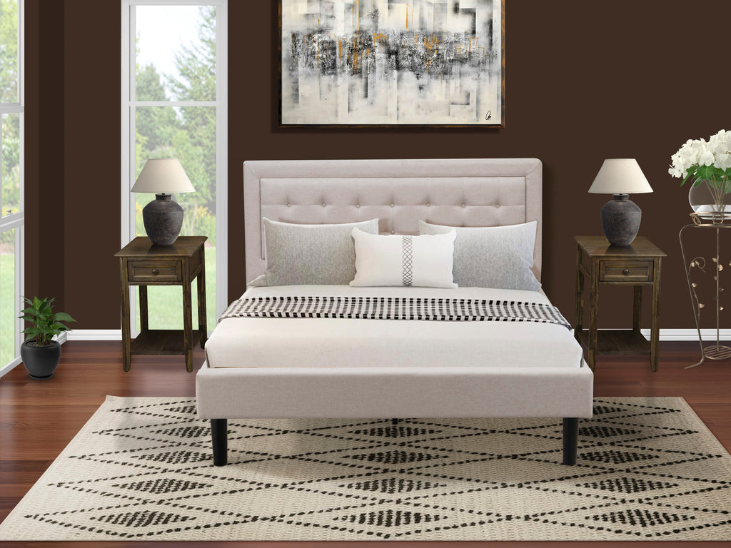 FN08Q-1RWMV 3-Piece Queen Bed Suite with Platform and Dual Side Tables - Beige Linen Elegance