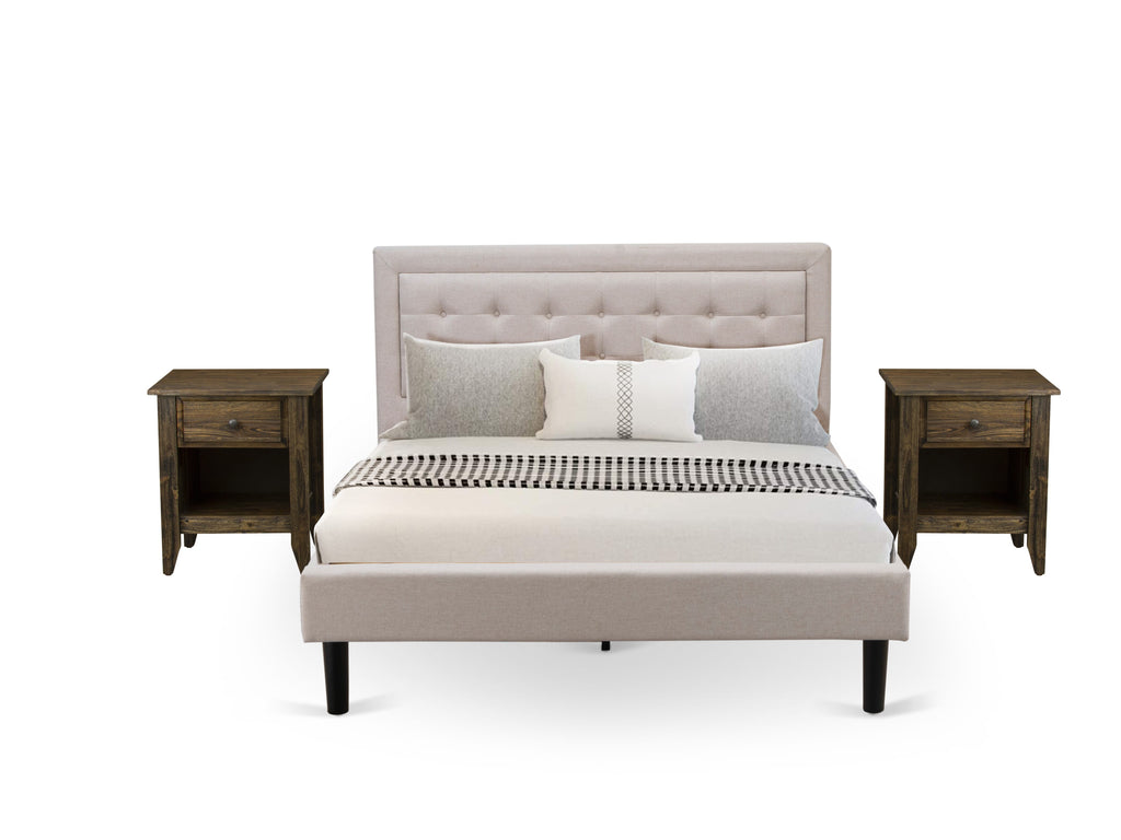 FN08Q-KKPEV Cozy 3-Piece Bedroom Set with Bed Frame & Nightstands - Durable Mist Beige Finish