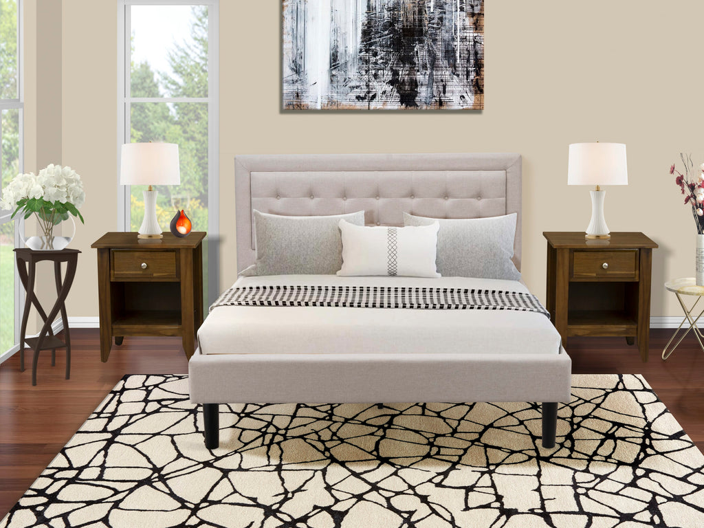 FN08Q-XSXE9 3-Piece Bedroom Ensemble Featuring Queen Bed Frame & Modern Nightstands in Mist Beige Fabric