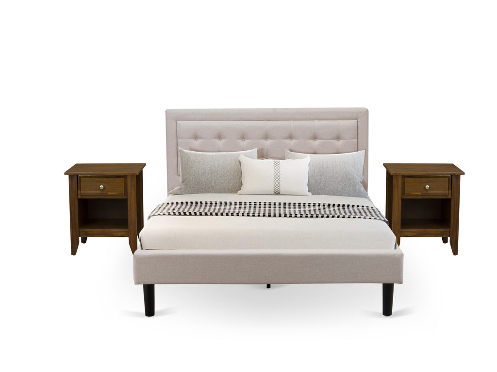 FN08Q-XSXE9 3-Piece Bedroom Ensemble Featuring Queen Bed Frame & Modern Nightstands in Mist Beige Fabric