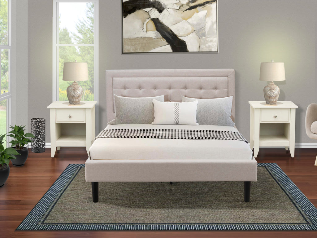 FN08Q-5T8FT Chic Mid-Century Trio Queen Bed and 2 Night Stands in Mist Beige - Sturdy Bedroom Set for Elegance