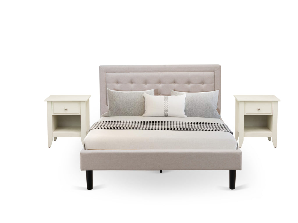 FN08Q-5T8FT Chic Mid-Century Trio Queen Bed and 2 Night Stands in Mist Beige - Sturdy Bedroom Set for Elegance
