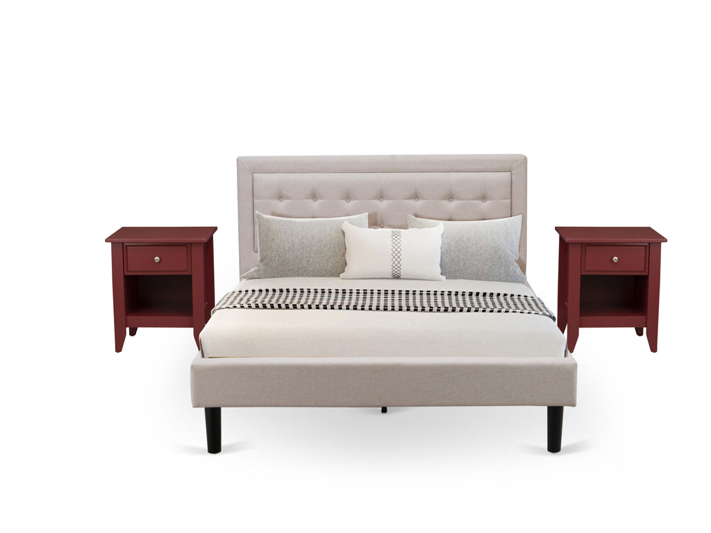 FN08Q-8ELAW Elegant Fannin 3-Piece Bedroom Ensemble with Wingback Bed and Dual Nightstands - Mist Beige Linen Charm