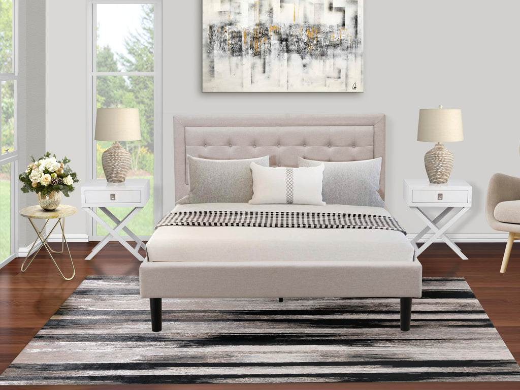 FN08Q-RVQ3Q 3-Piece Bedroom Ensemble with Upholstered Bed and Mid Century Nightstands in Mist Beige