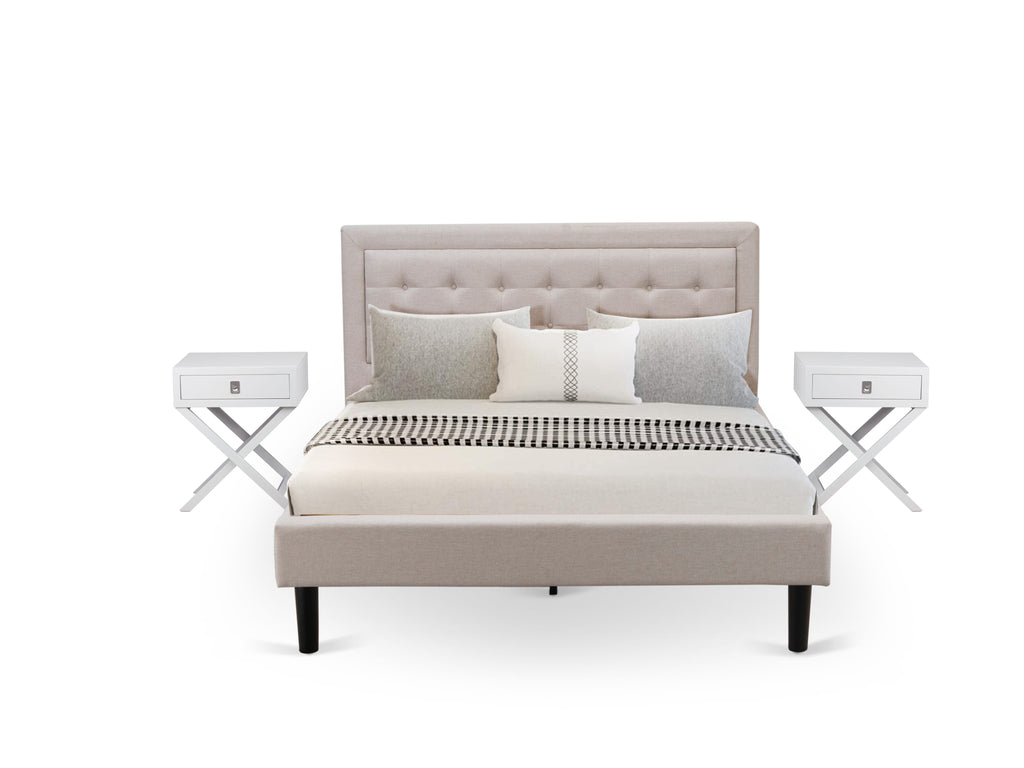 FN08Q-RVQ3Q 3-Piece Bedroom Ensemble with Upholstered Bed and Mid Century Nightstands in Mist Beige