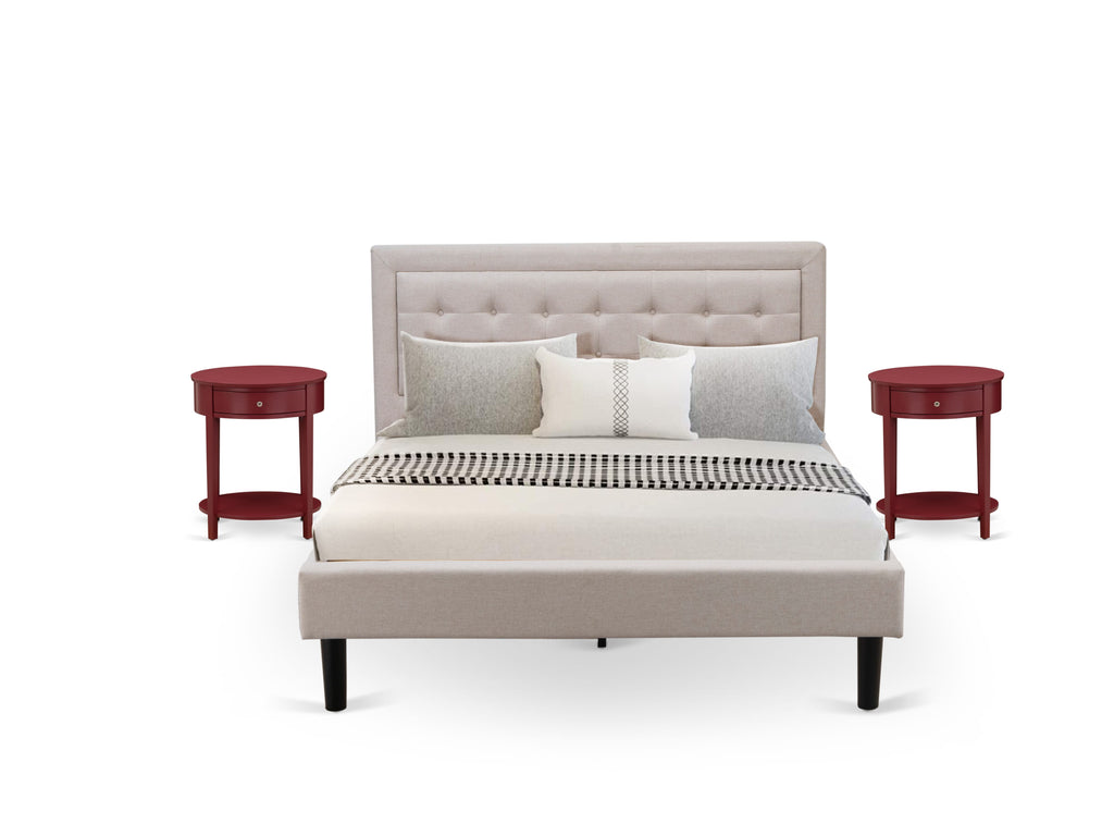 FN08Q-YO6TH Stylish 3-Piece Bedroom Wooden Ensemble with Mid Century Bed & Compact Tables - Sturdy Design in Misty Beige