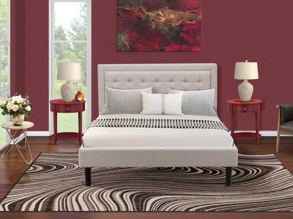 FN08Q-YO6TH Stylish 3-Piece Bedroom Wooden Ensemble with Mid Century Bed & Compact Tables - Sturdy Design in Misty Beige
