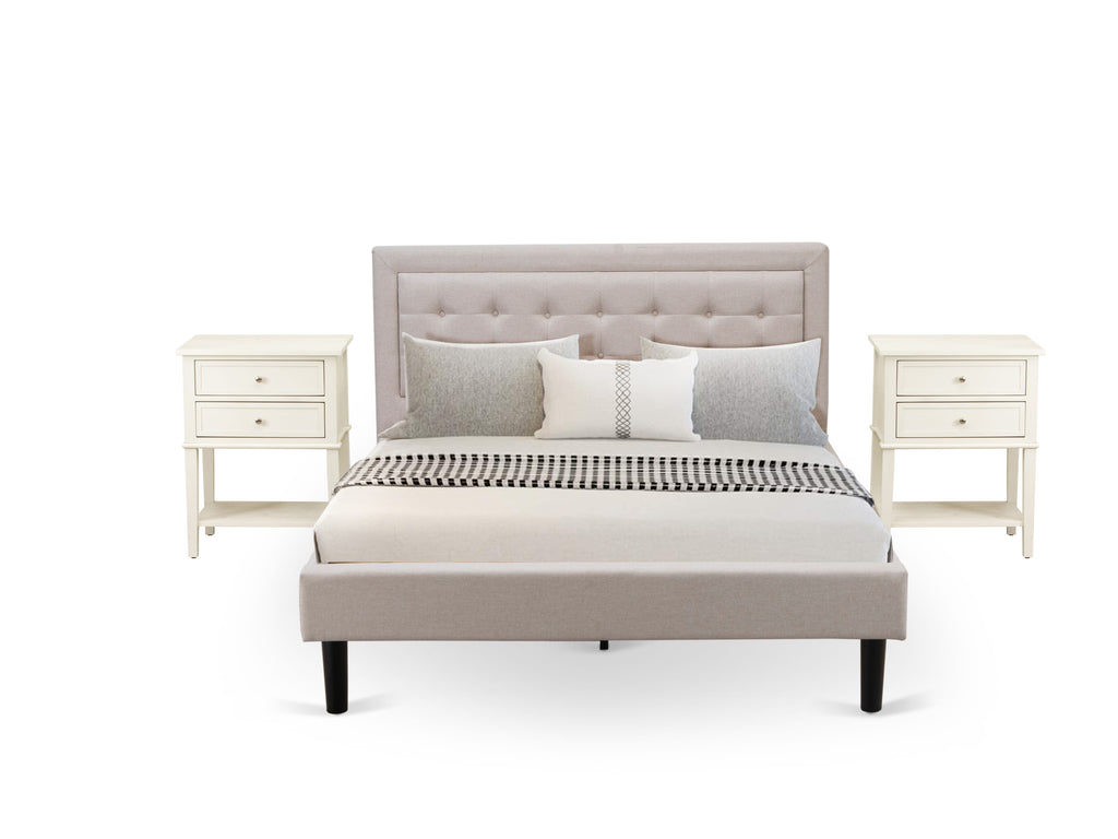 FN08Q-K78TW 3-Piece Bedroom Ensemble with Queen Bed Frame and Pair of Petite Side Tables - Sturdy Craftsmanship - Mist Beige Upholstery