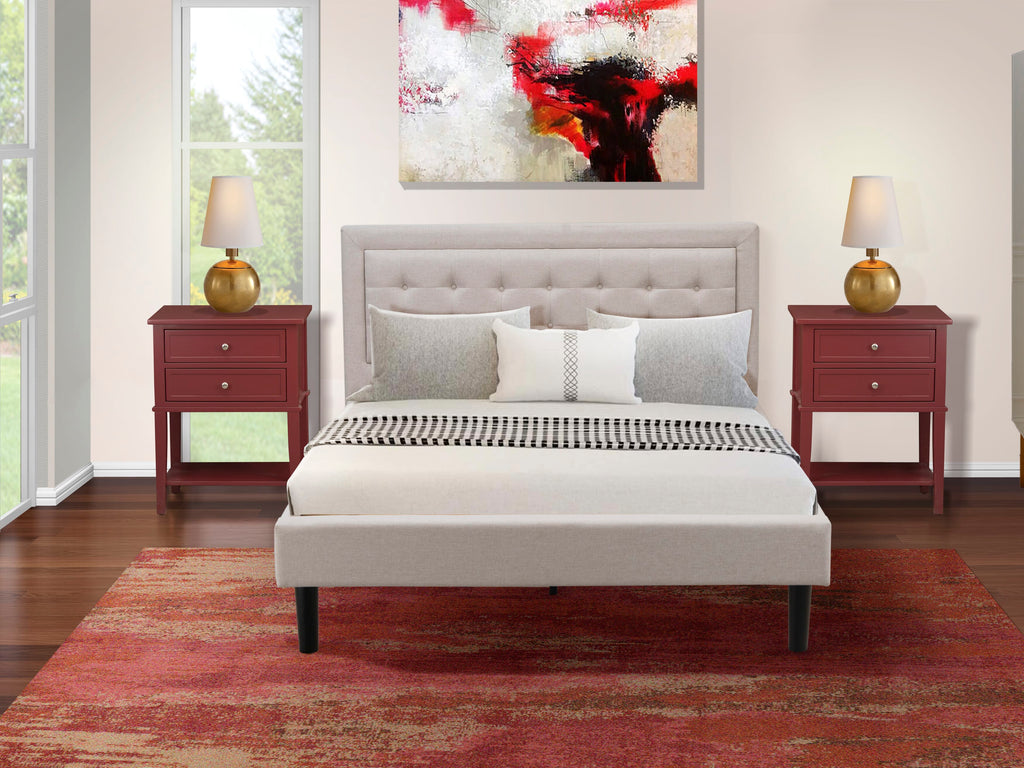 FN08Q-W4G2X 3-Piece Bedroom Ensemble Queen Frame Nightstands in Beige Fabric
