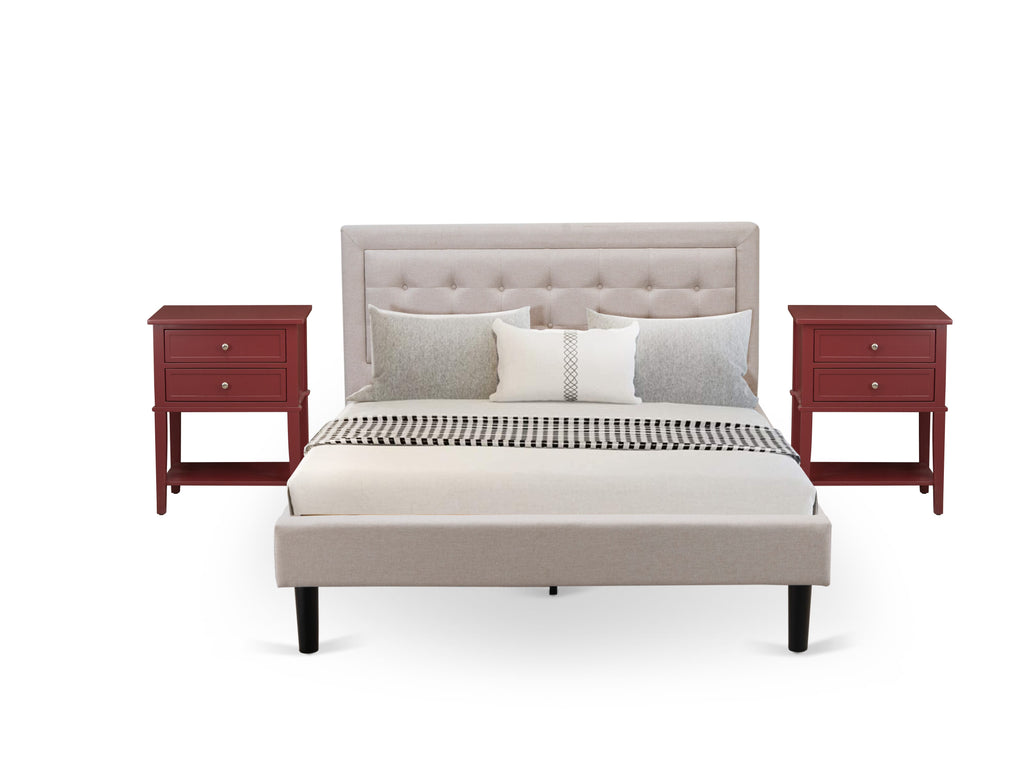 FN08Q-W4G2X 3-Piece Bedroom Ensemble Queen Frame Nightstands in Beige Fabric