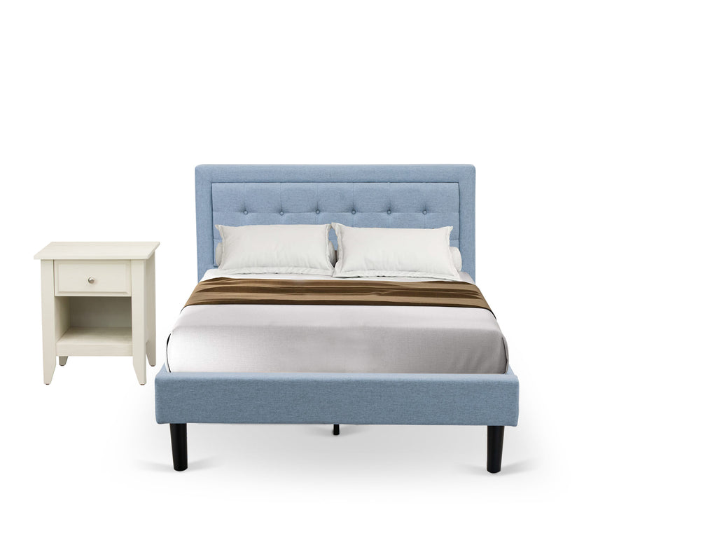 FN11F-AR2SP full size denim blue linen platform bed set, with durable frame and nightstand