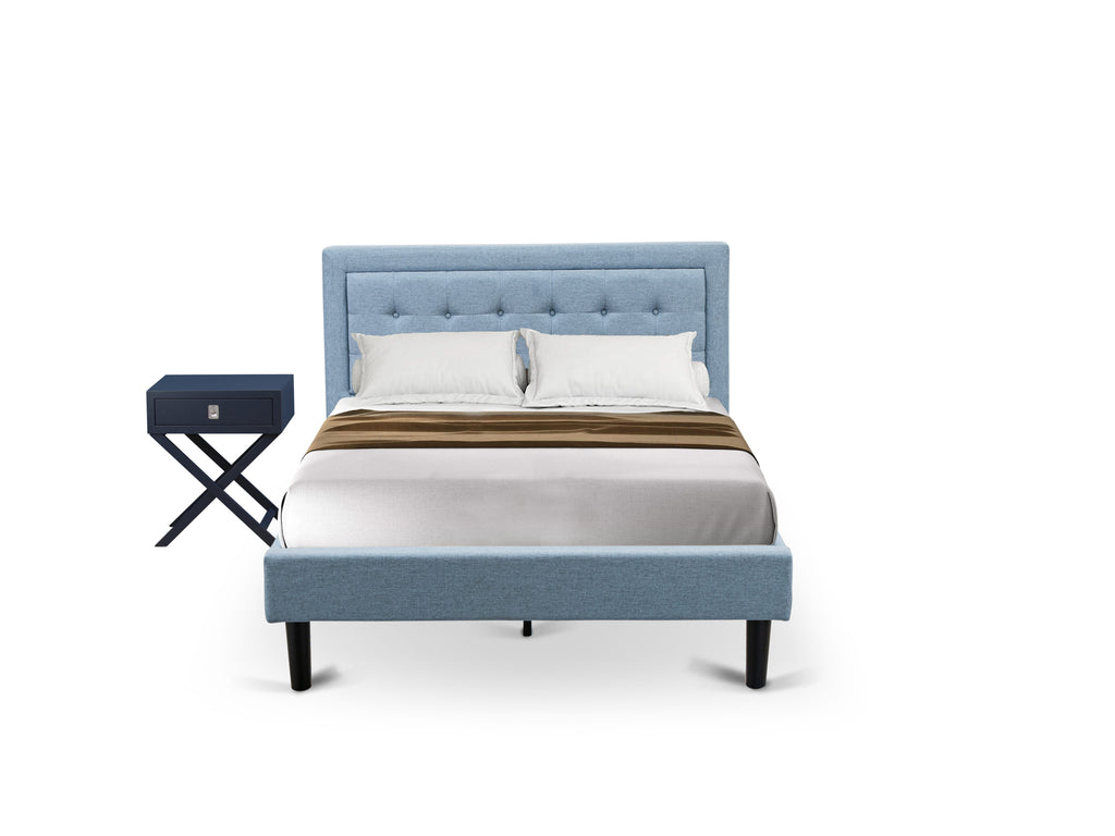 FN11F-MZM5M Full Set Fannin 2-Piece Bedroom Collection with Wood Bed & Modern Nightstand - Denim Blue Elegance