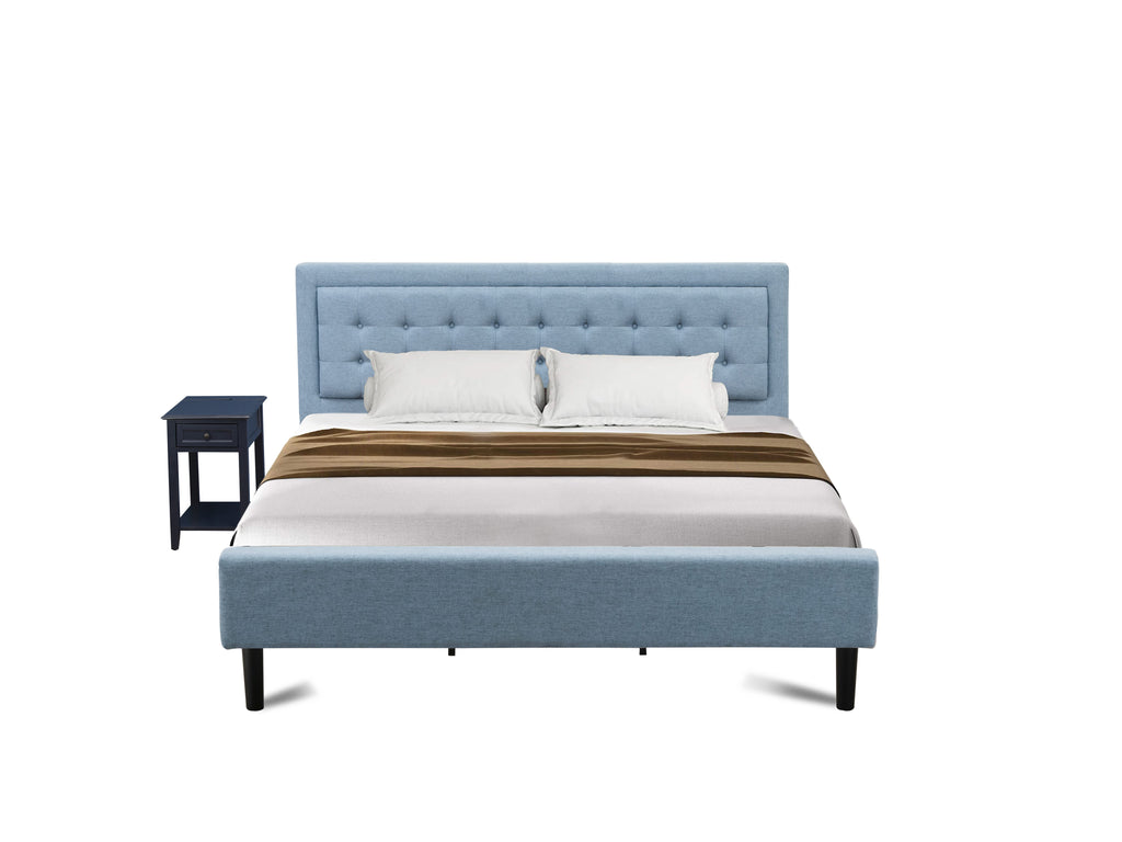 FN11K-72SWV 2-Piece Modern Bedroom Set with Cozy Bed and Nightstand – Sturdy Beige Denim Fabric Finish