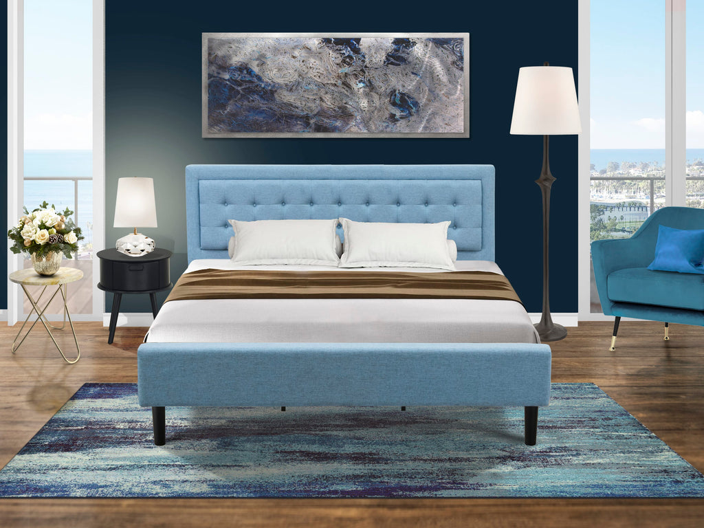 FN11K-XKMJ5 Two-Piece King Platform Set Mid Century Bed & Navy Nightstand in Denim Blue Linen Fabric