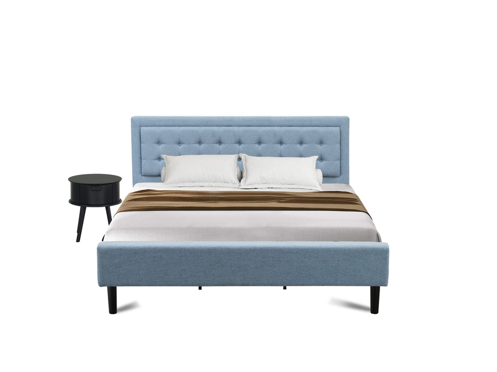 FN11K-XKMJ5 Two-Piece King Platform Set Mid Century Bed & Navy Nightstand in Denim Blue Linen Fabric