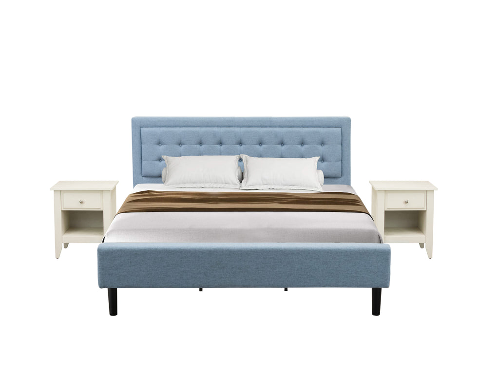 FN11K-YSWFO 3-Piece Stylish King Suite Wooden Frame Bed & Two Contemporary Side Tables - Robust Denim Fabric Elegance