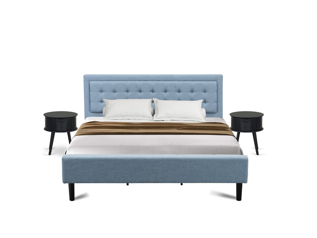 FN11K-MKI9T Functional 3-Piece Bedroom Suite with King Bed Frame, Twin Side Tables in Denim Blue