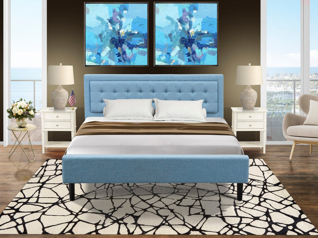 FN11K-NIANG Sturdy 3-Piece Denim Blue Bedroom Set with Modern Bed and Nightstands