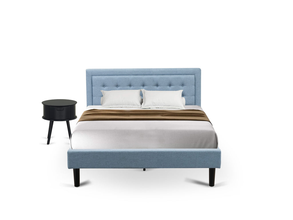 FN11Q-7LQTK 2-Piece Bedroom Ensemble with Sturdy Bed Frame and Nightstand in Rich Denim Blue Fabric Blend