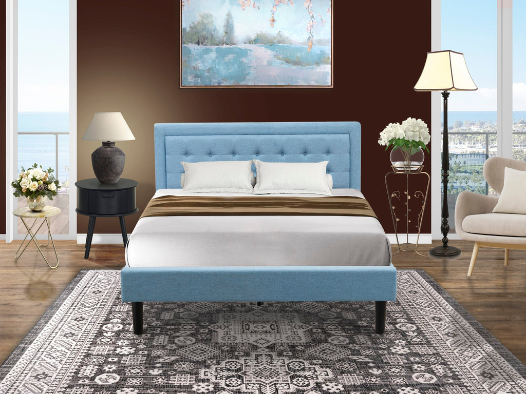 FN11Q-7LQTK 2-Piece Bedroom Ensemble with Sturdy Bed Frame and Nightstand in Rich Denim Blue Fabric Blend