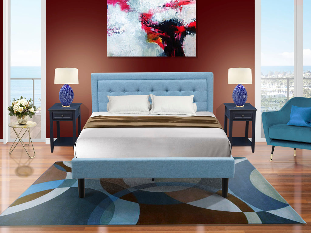 FN11Q-8D6UL 3-Piece Set Queen Bed Frame and Night Stands in Denim Blue Fabric