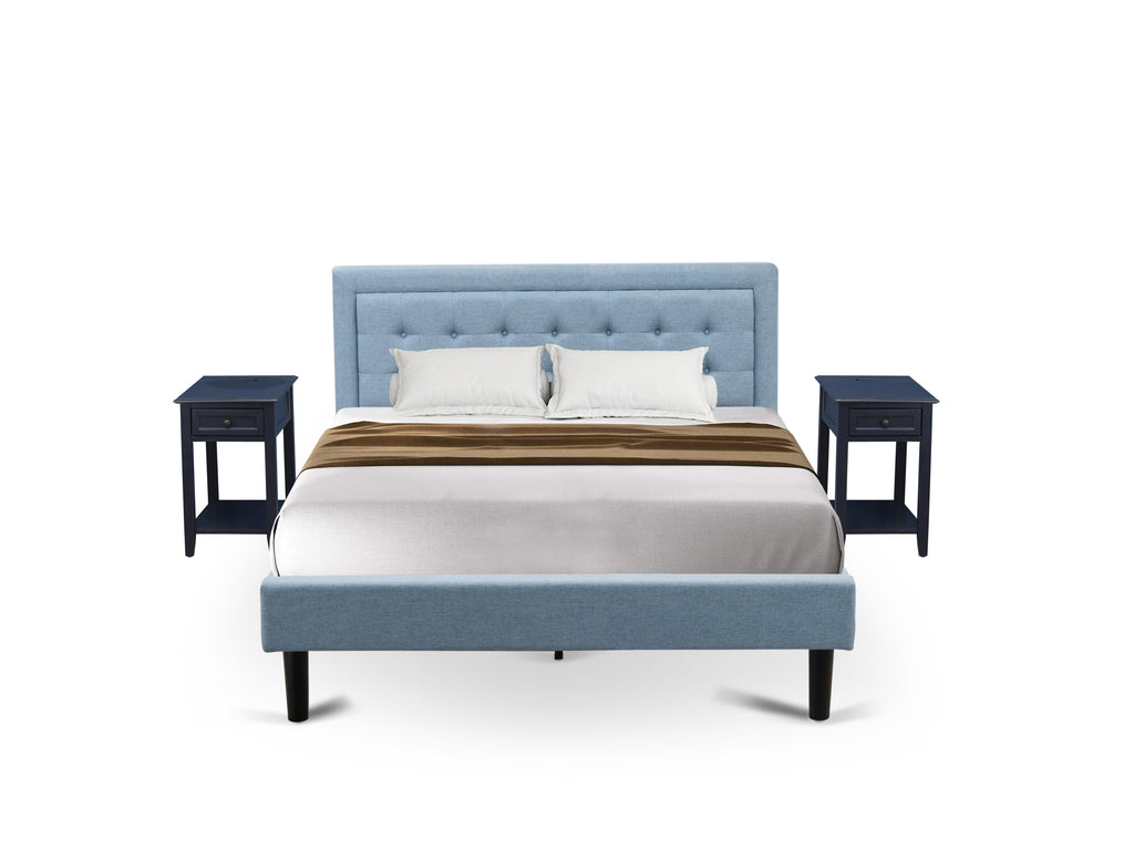 FN11Q-8D6UL 3-Piece Set Queen Bed Frame and Night Stands in Denim Blue Fabric