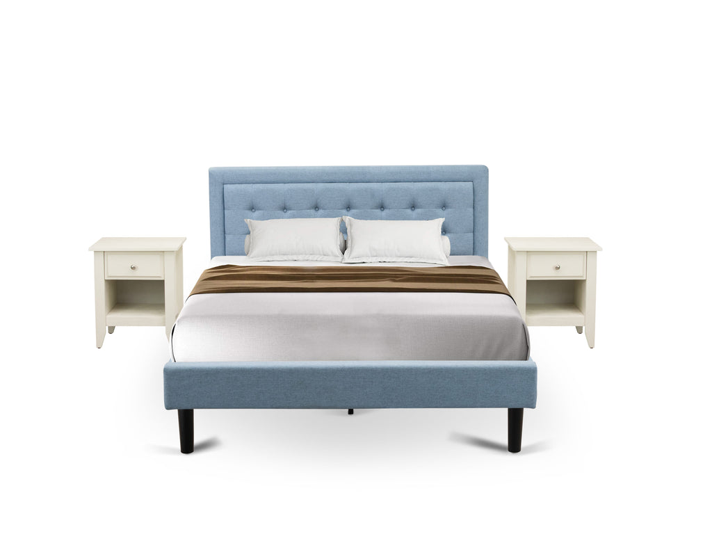 FN11Q-ZNKYH Stylish 3-Piece Bedroom Set Featuring Queen Bed & Night Stands in Blue Linen