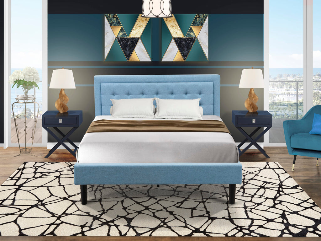 FN11Q-MSZQV 3-Piece Wood Bedroom Ensemble Platform Bed & Nightstand Set in Denim Blue Fabric