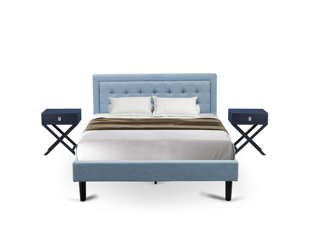 FN11Q-MSZQV 3-Piece Wood Bedroom Ensemble Platform Bed & Nightstand Set in Denim Blue Fabric