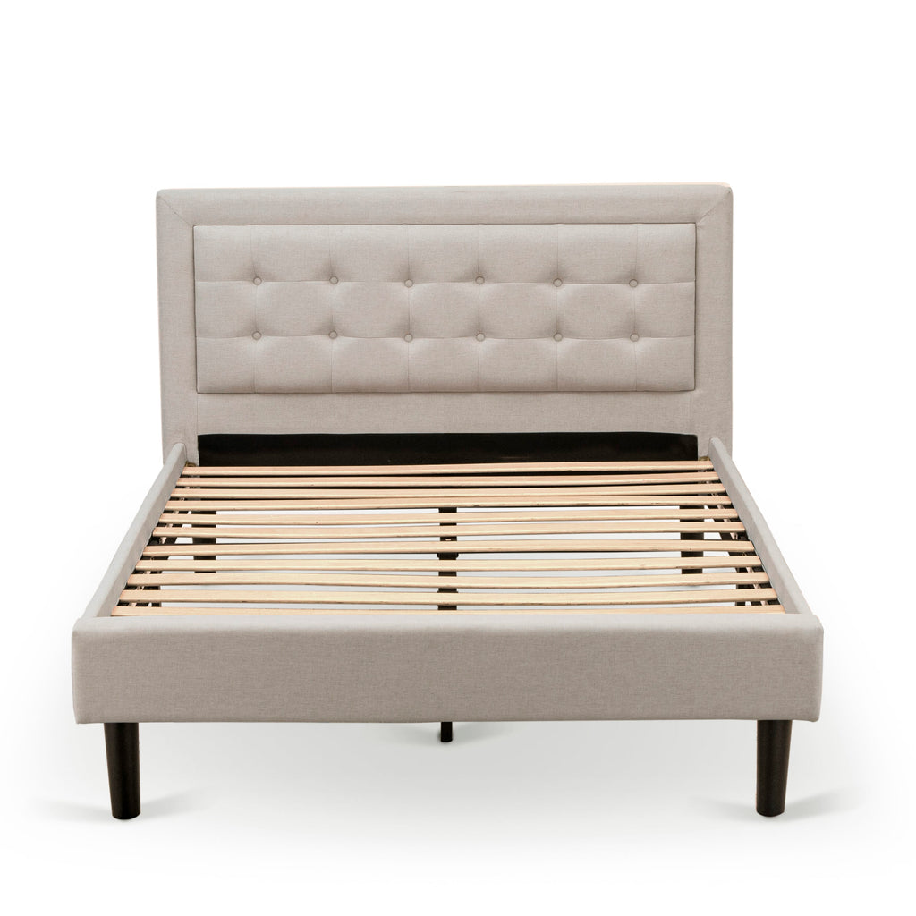 Mist Beige Full Size Platform Bed by FNF-00-S Upholstered Headboard with Button Tufted Trim in Linen Fabric and Black Legs