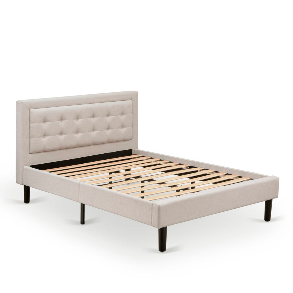 Mist Beige Full Size Platform Bed by FNF-00-S Upholstered Headboard with Button Tufted Trim in Linen Fabric and Black Legs