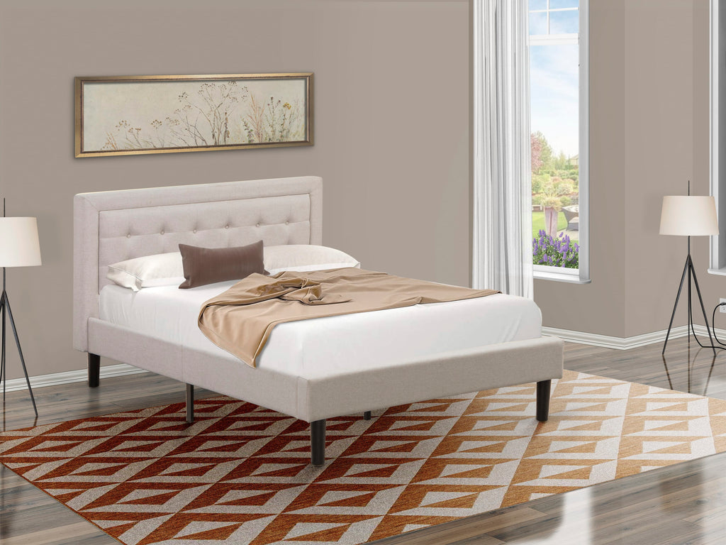 Mist Beige Full Size Platform Bed by FNF-00-S Upholstered Headboard with Button Tufted Trim in Linen Fabric and Black Legs