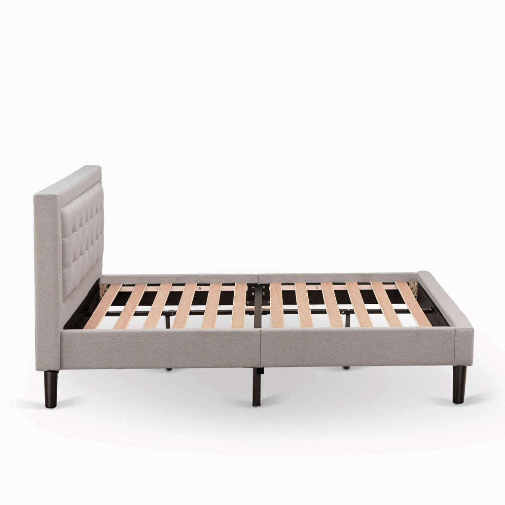 Mist Beige Full Size Platform Bed by FNF-00-S Upholstered Headboard with Button Tufted Trim in Linen Fabric and Black Legs