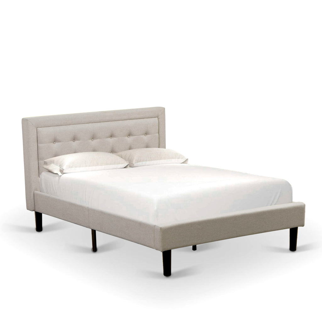 Mist Beige Full Size Platform Bed by FNF-00-S Upholstered Headboard with Button Tufted Trim in Linen Fabric and Black Legs