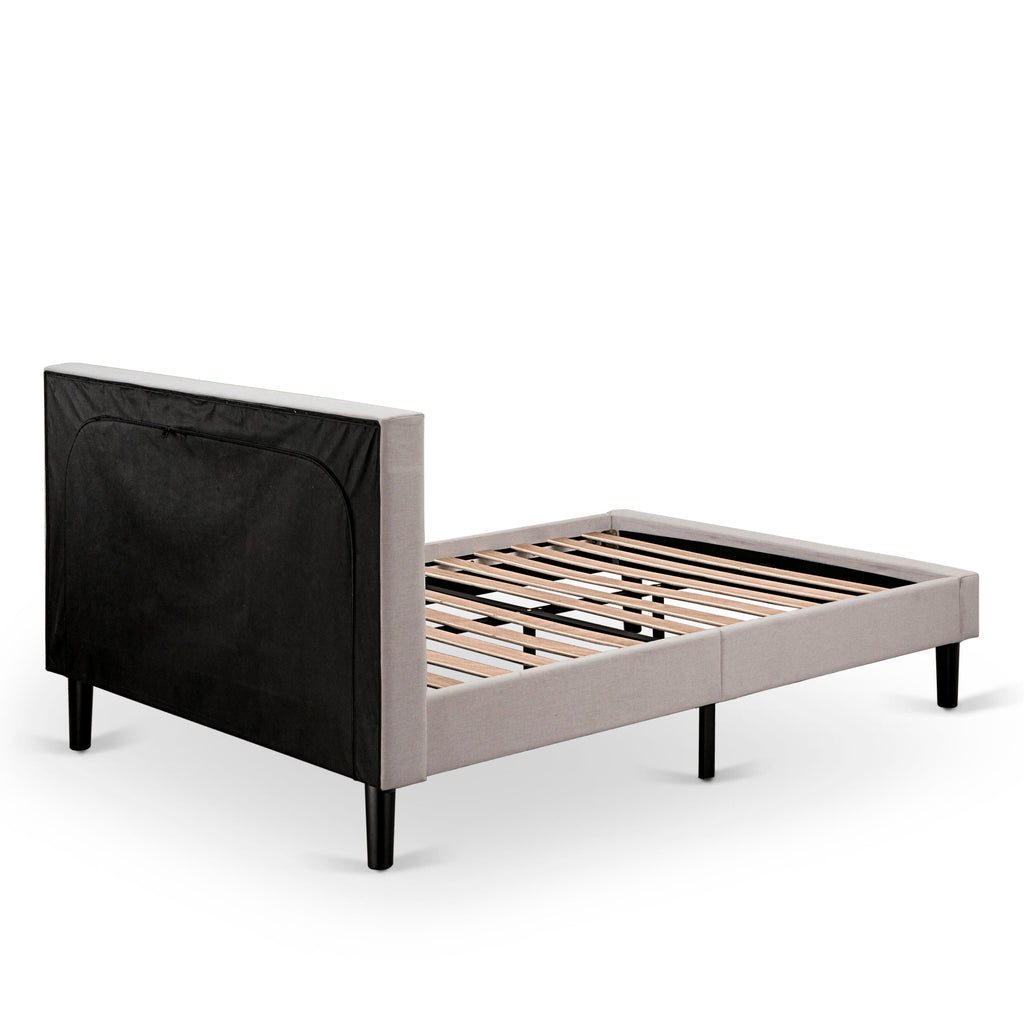 Mist Beige Full Size Platform Bed by FNF-00-S Upholstered Headboard with Button Tufted Trim in Linen Fabric and Black Legs