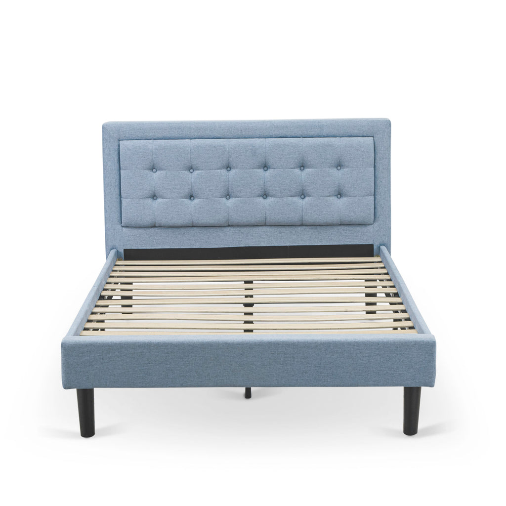 FNF-18-K Upholstered Denim Blue Bed Frame with Elegant Headboard & Black Legs - Full Size
