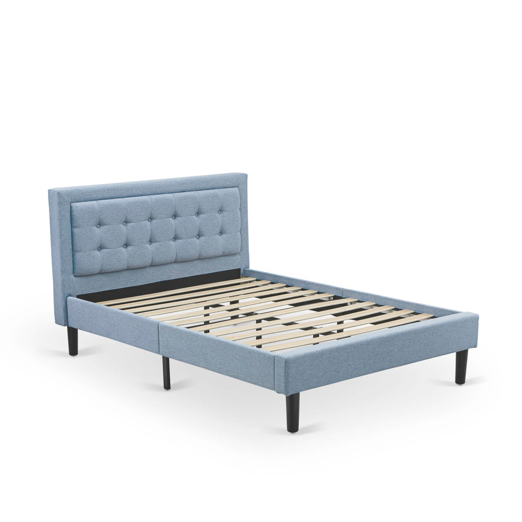 FNF-18-K Upholstered Denim Blue Bed Frame with Elegant Headboard & Black Legs - Full Size