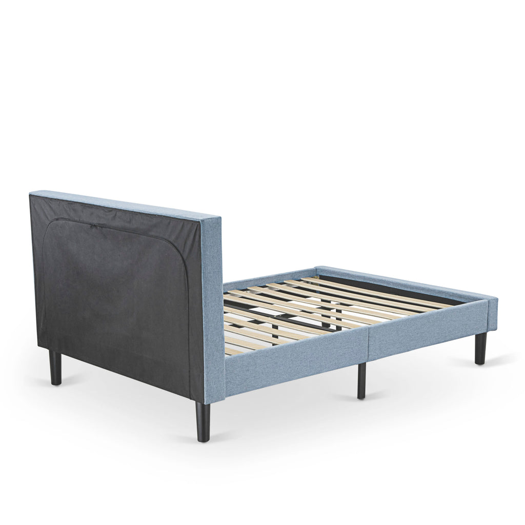 FNF-18-K Upholstered Denim Blue Bed Frame with Elegant Headboard & Black Legs - Full Size