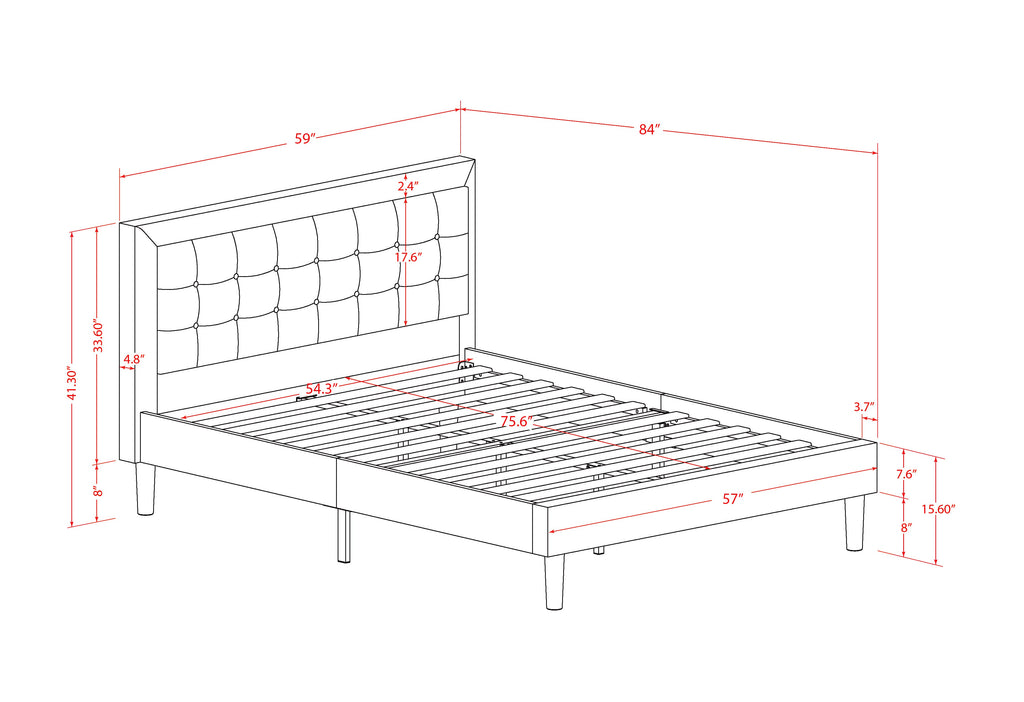 FNF-18-K Upholstered Denim Blue Bed Frame with Elegant Headboard & Black Legs - Full Size